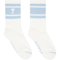 Ami Paris White & Blue Ami de Coeur Striped Socks 241482F076002