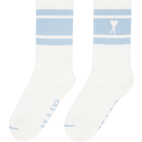  Ami Paris White & Blue Ami de Coeur Striped Socks 241482F076002