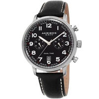 Akribos Xxiv MEN'S Dual Time Leather Black Dial Watch AK1023BK