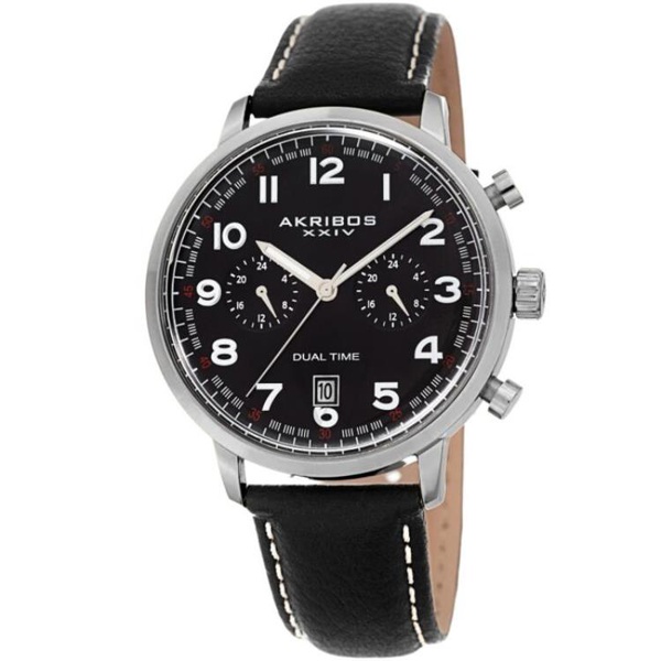  Akribos Xxiv MEN'S Dual Time Leather Black Dial Watch AK1023BK