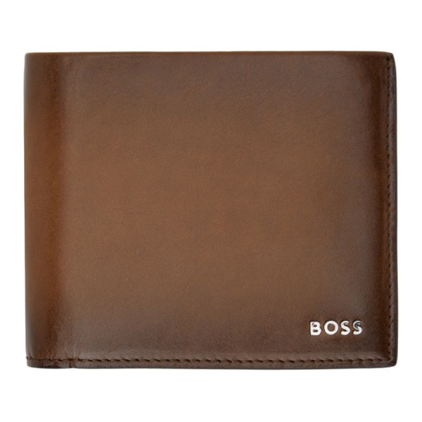  BOSS Brown Leather Polished Lettering Wallet 241085M164008