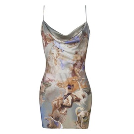 발망 Balmain Ladies Bleu / Multicolor Sky Printed Satin Babydoll Dress AF0R2220VD14-BLEU/MULTICO