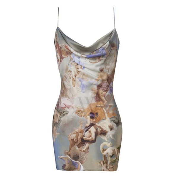 발망 발망 Balmain Ladies Bleu / Multicolor Sky Printed Satin Babydoll Dress AF0R2220VD14-BLEU/MULTICO