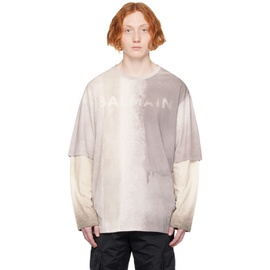 발망 Balmain Gray Printed Long Sleeve T-Shirt 231251M213037