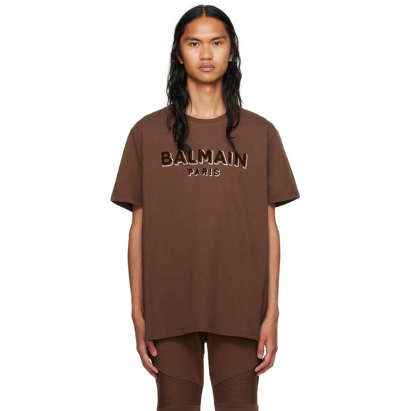 발망 발망 Balmain Brown Flocked T-Shirt 231251M213067