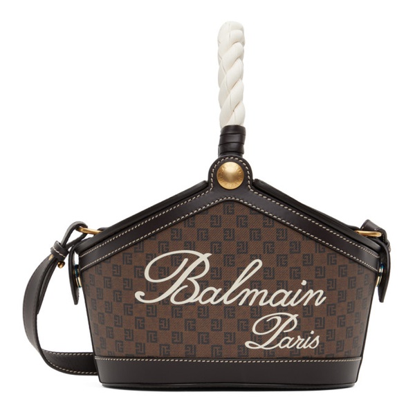 발망 발망 Balmain Brown Monogram Canvas & Leather Bucket Bag 241251F048002