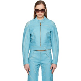 블루마린 Blumarine Blue Distressed Leather Jacket 231901F064001