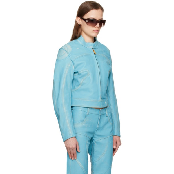  블루마린 Blumarine Blue Distressed Leather Jacket 231901F064001