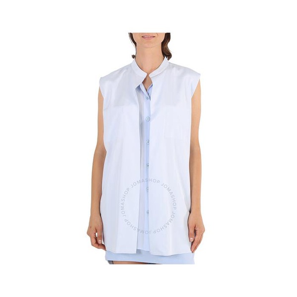 버버리 버버리 Burberry Ladies Pale Blue Suziesl Logo Detail Sleeveless Silk Crepe De Chine Shirt 8044672