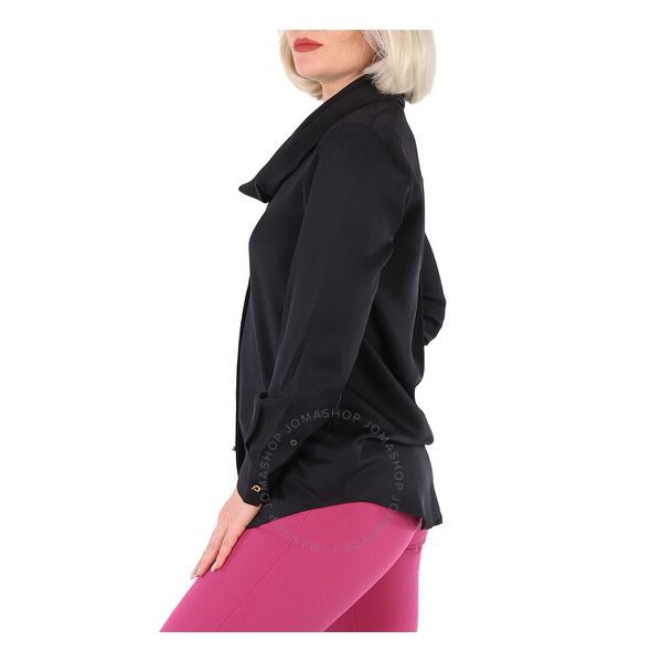 버버리 버버리 Burberry Ladies Michela Black Fringed Scarf Detail Silk Satin Shirt 8029503
