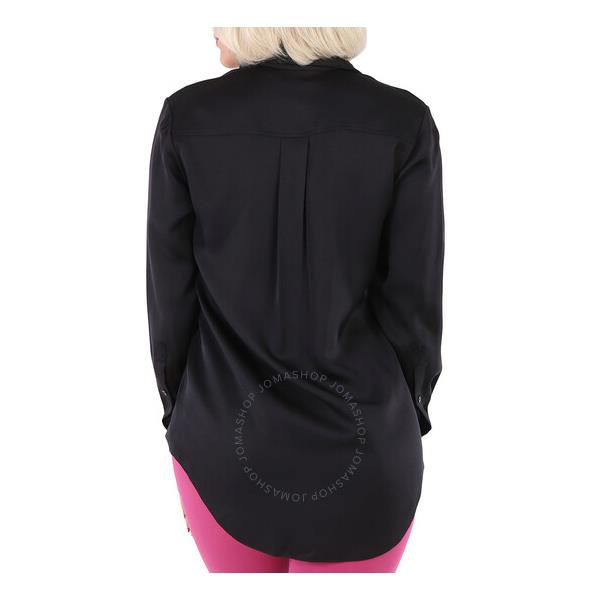 버버리 버버리 Burberry Ladies Michela Black Fringed Scarf Detail Silk Satin Shirt 8029503