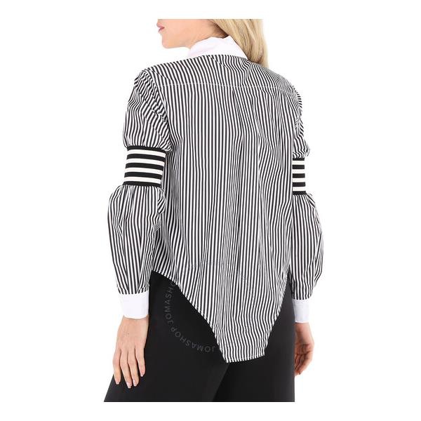 버버리 버버리 Burberry Ladies Black Stripe Cut-out Hem Striped Cotton Poplin Shirt 4564330