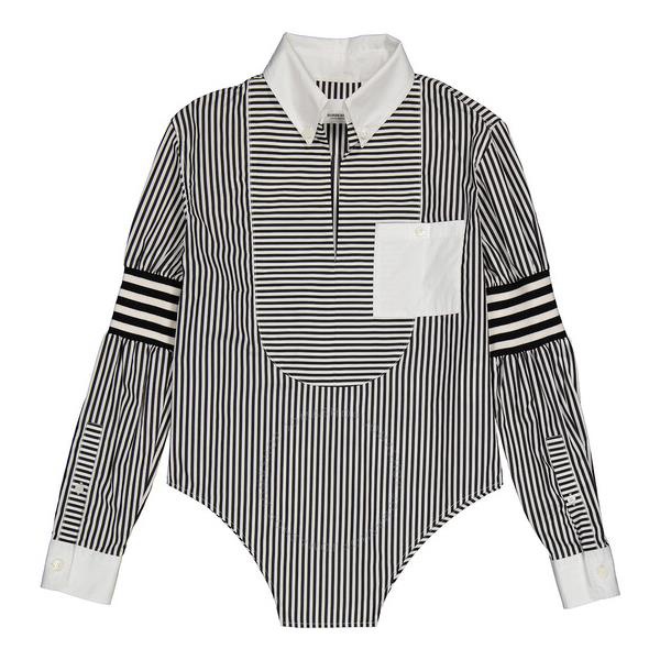 버버리 버버리 Burberry Ladies Black Stripe Cut-out Hem Striped Cotton Poplin Shirt 4564330
