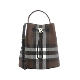 버버리 Burberry Dark Birch Brown Logo Plaque Checked Drawstring Shoulder Bag 8069655