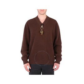 버버리 Burberry Mens Brown Wool V-Neck Gold-Plated Whistle Detail Rib Knit Sweater 8045474