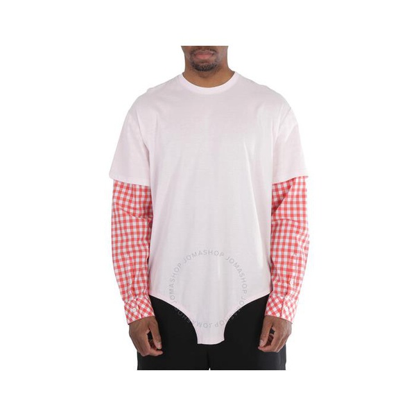 버버리 버버리 Burberry Mens Pale Pink Cut-Out Hem Gingham Sleeve Cotton Oversized T-Shirt 4563748