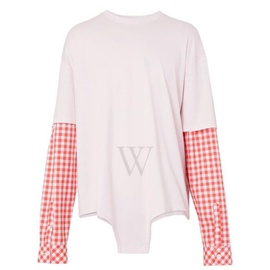 버버리 Burberry MEN'S Pale Pink Cut-Out Hem Gingham Sleeve Cotton Oversized T-Shirt 4563748