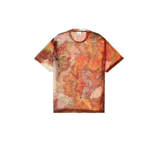 버버리 버버리 Burberry MEN'S Bright Orange Map Print Mesh T-Shirt 8054564