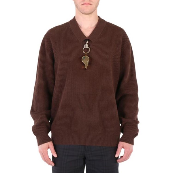 버버리 버버리 Burberry MEN'S Brown Wool V-Neck Gold-Plated Whistle Detail Rib Knit Sweater 8045474