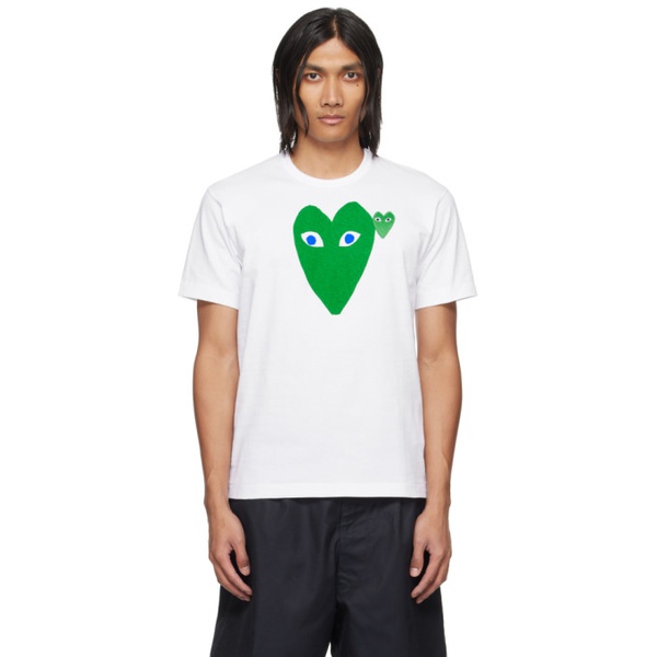 COMME des GARCONS PLAY White & Green Large Double Heart T-Shirt 241246M213007