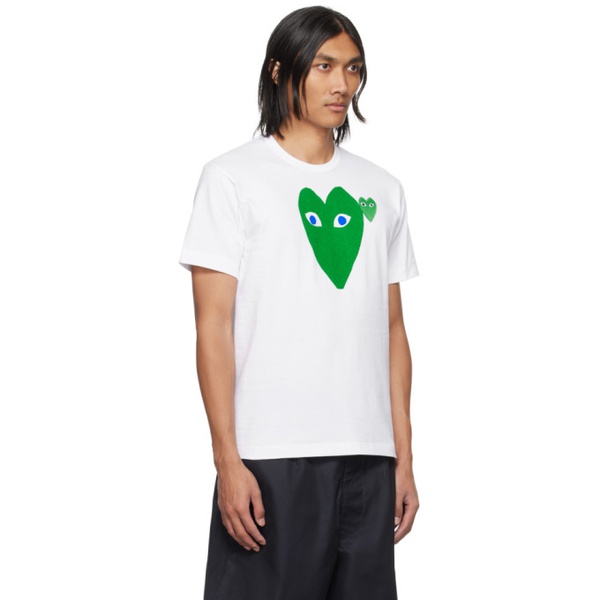  COMME des GARCONS PLAY White & Green Large Double Heart T-Shirt 241246M213007
