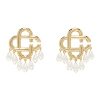 카사블랑카 Casablanca Gold & White Pearl Drop Logo Earrings 242195F022001