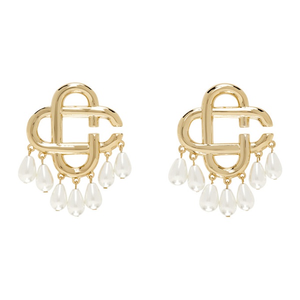  카사블랑카 Casablanca Gold & White Pearl Drop Logo Earrings 242195F022001