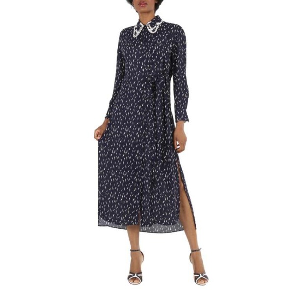끌로에 Chloe Ladies Navy Long-Sleeve Tulip-Print Crepe Shirt Dress, Brand Size 40 (US Size 8) CHC21ARO693014C4