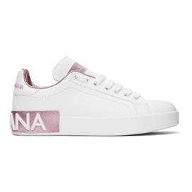 Dolce&Gabbana White & Pink Calfskin Nappa Portofino Sneakers 241003F128001