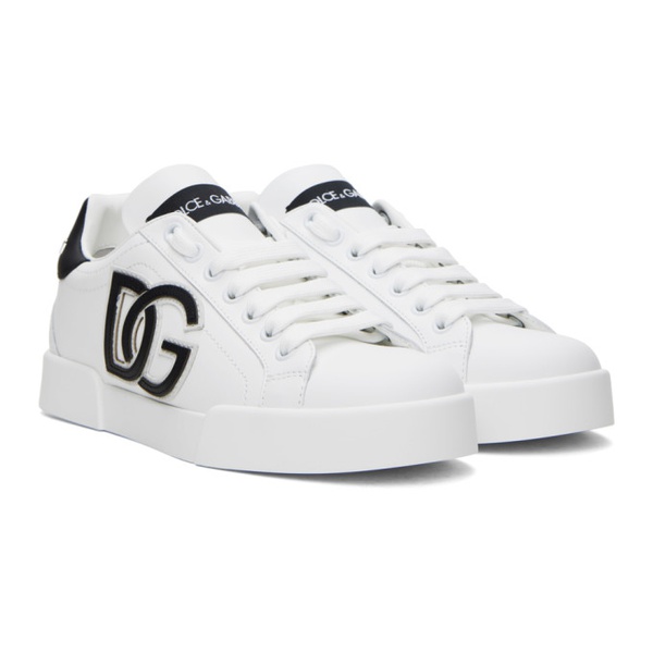  Dolce&Gabbana White & Black Calfskin Portofino DG Logo Sneakers 241003F128003