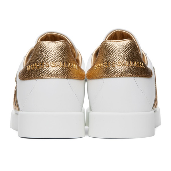  Dolce&Gabbana White & Gold Calfskin Portofino DG Logo Sneakers 241003F128004