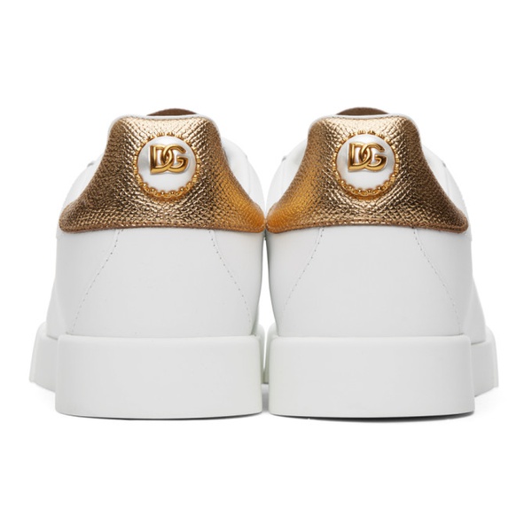  Dolce&Gabbana White & Gold Nappa Calfskin Portofino Lettering Sneakers 241003F128008