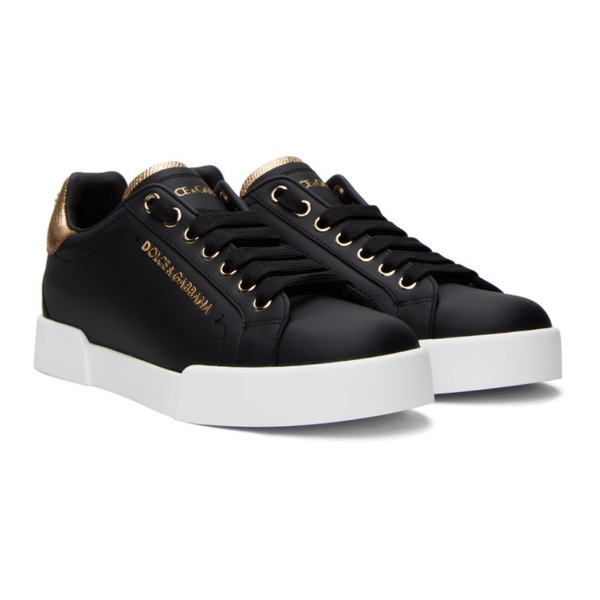  Dolce&Gabbana Black Nappa Calfskin Portofino Lettering Sneakers 241003F128009
