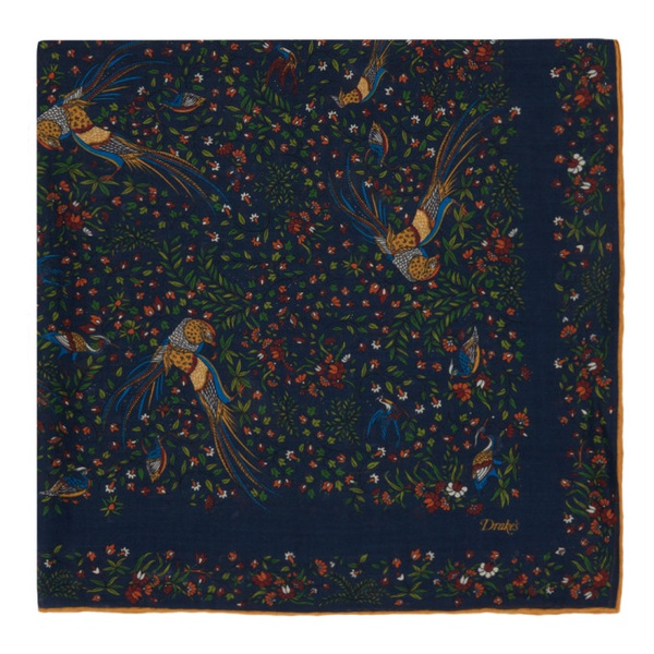  Drakes Navy Birds of Paradise Square Scarf 241488M150001