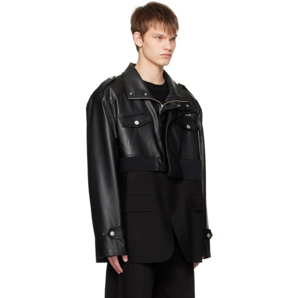  펑첸왕 Feng Chen Wang Black Detachable Faux-Leather Jacket 231107M180007