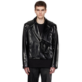 펑첸왕 Feng Chen Wang Black Cropped Faux-Leather Jacket 232107M180004