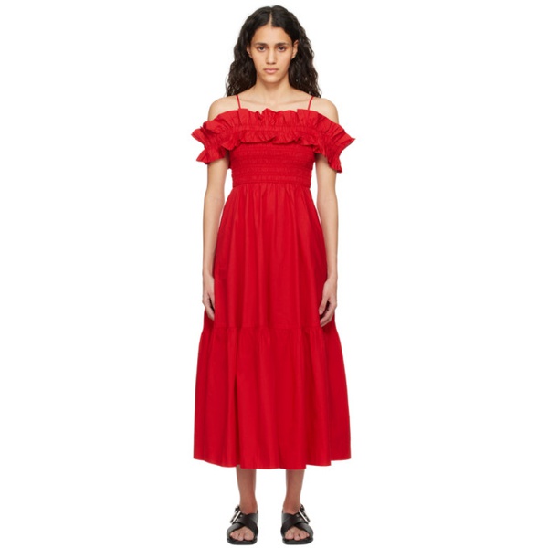  가니 GANNI Red Smock Midi Dress 242144F054000