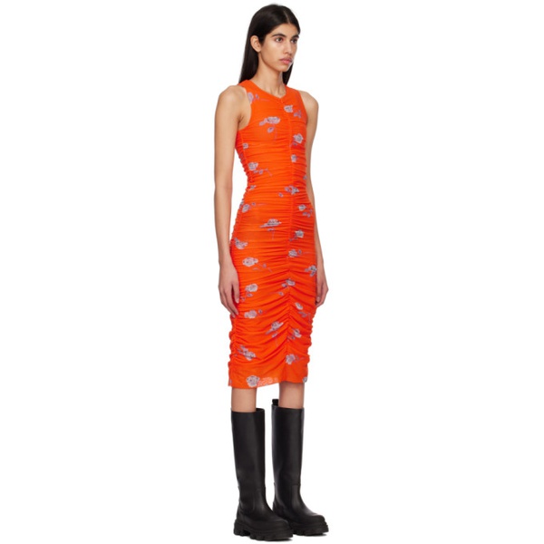  가니 GANNI Orange Printed Ruched Midi Dress 231144F054020