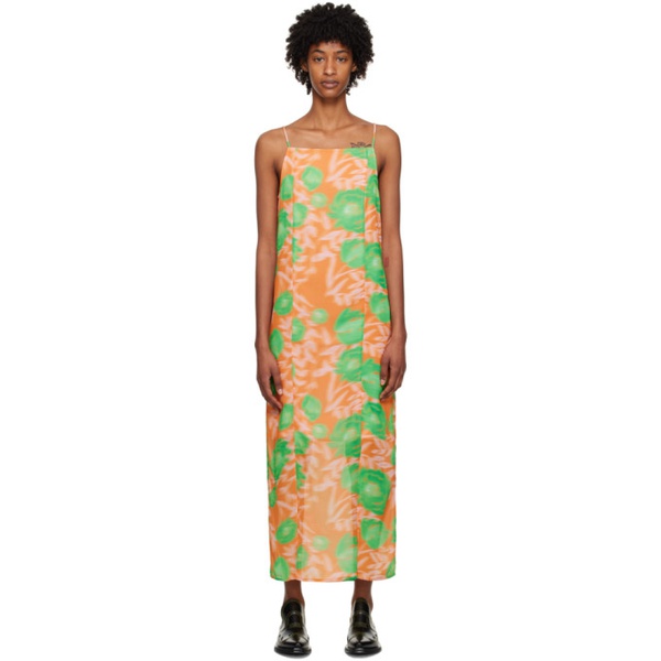  가니 GANNI Orange Printed Slip Midi Dress 231144F054033