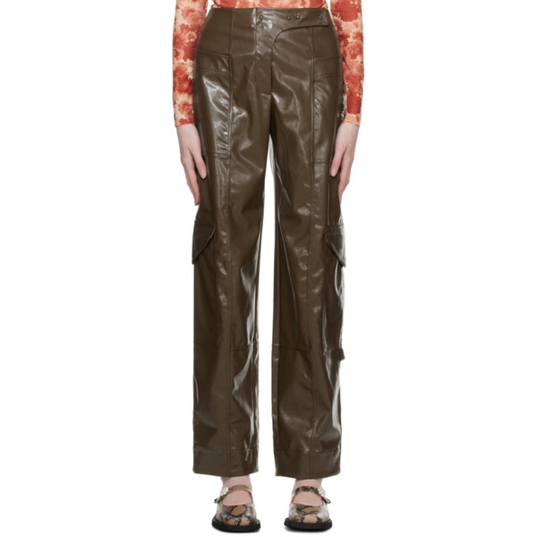  가니 GANNI Brown Patent Faux-Leather Trousers 231144F087008