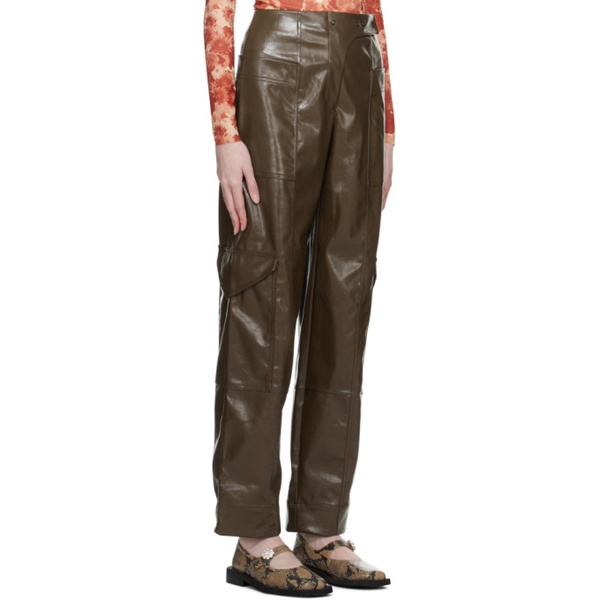  가니 GANNI Brown Patent Faux-Leather Trousers 231144F087008