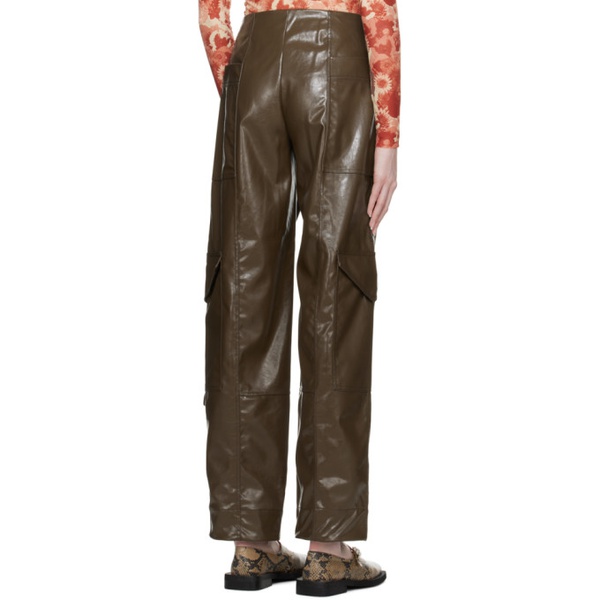  가니 GANNI Brown Patent Faux-Leather Trousers 231144F087008