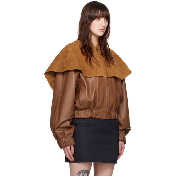  JW 앤더슨 JW Anderson Brown Oversized Collar Leather Bomber Jacket 241477F058001