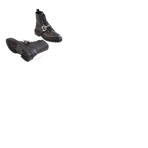  지미 추 Jimmy Choo Ladies Cora Black Leather Crystal Combat Boots Cora FLAT ZXX BLACK/CRYSTAL