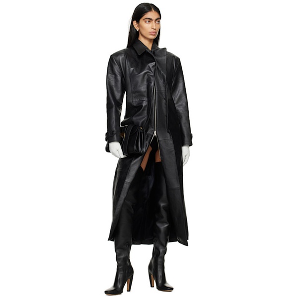  MARIE ADAM-LEENAERDT Black Gathered Leather Coat 241808F064000