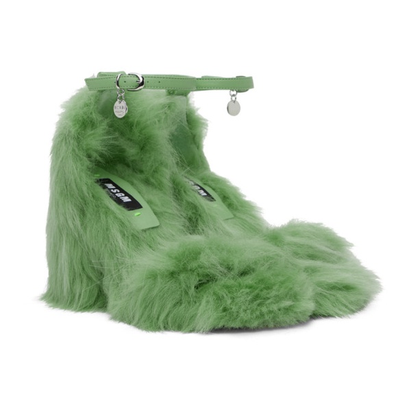  MSGM Green Faux-Fur Heeled Sandals 232443F125001