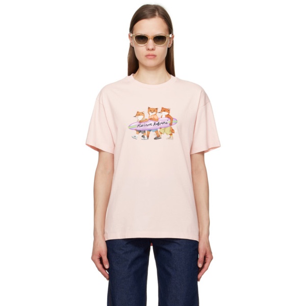 메종키츠네 Maison Kitsune Pink Surfing Foxes T-Shirt 241389F110011