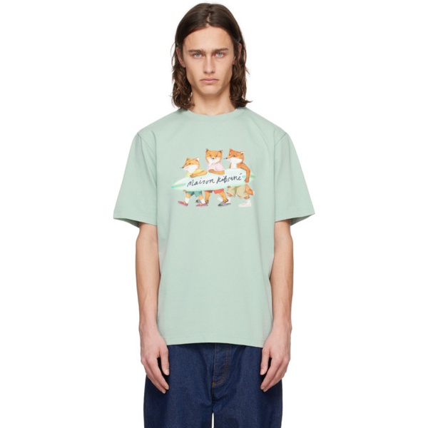 메종키츠네 Maison Kitsune Green Surfing Foxes T-Shirt 241389M213045