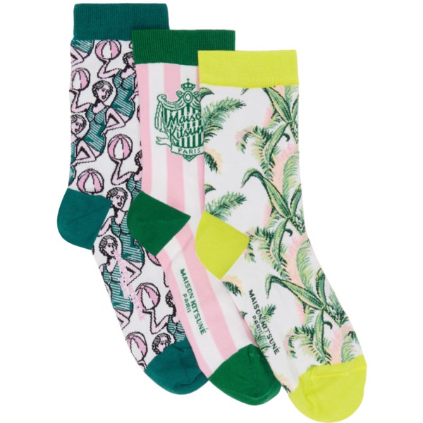 메종키츠네 Maison Kitsune Three-Pack Multicolor Summer Print Ankle Socks 232389M220000