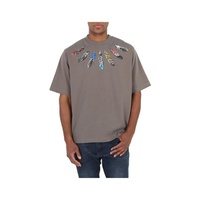 Marcelo Burlon Mens Army Grey Feather Detail Cotton T-Shirt CMAA054C99JER003-5609